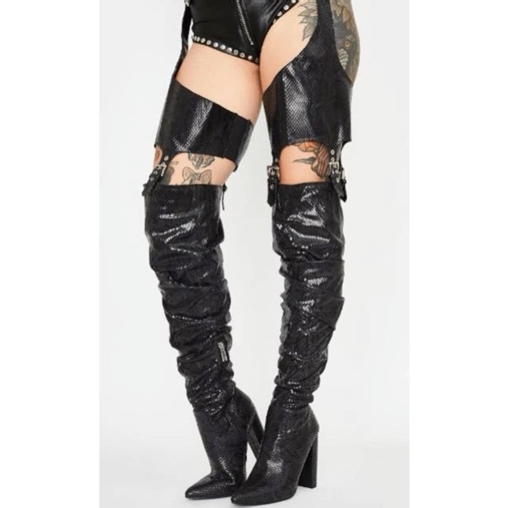 Black snake thigh high chaps boot